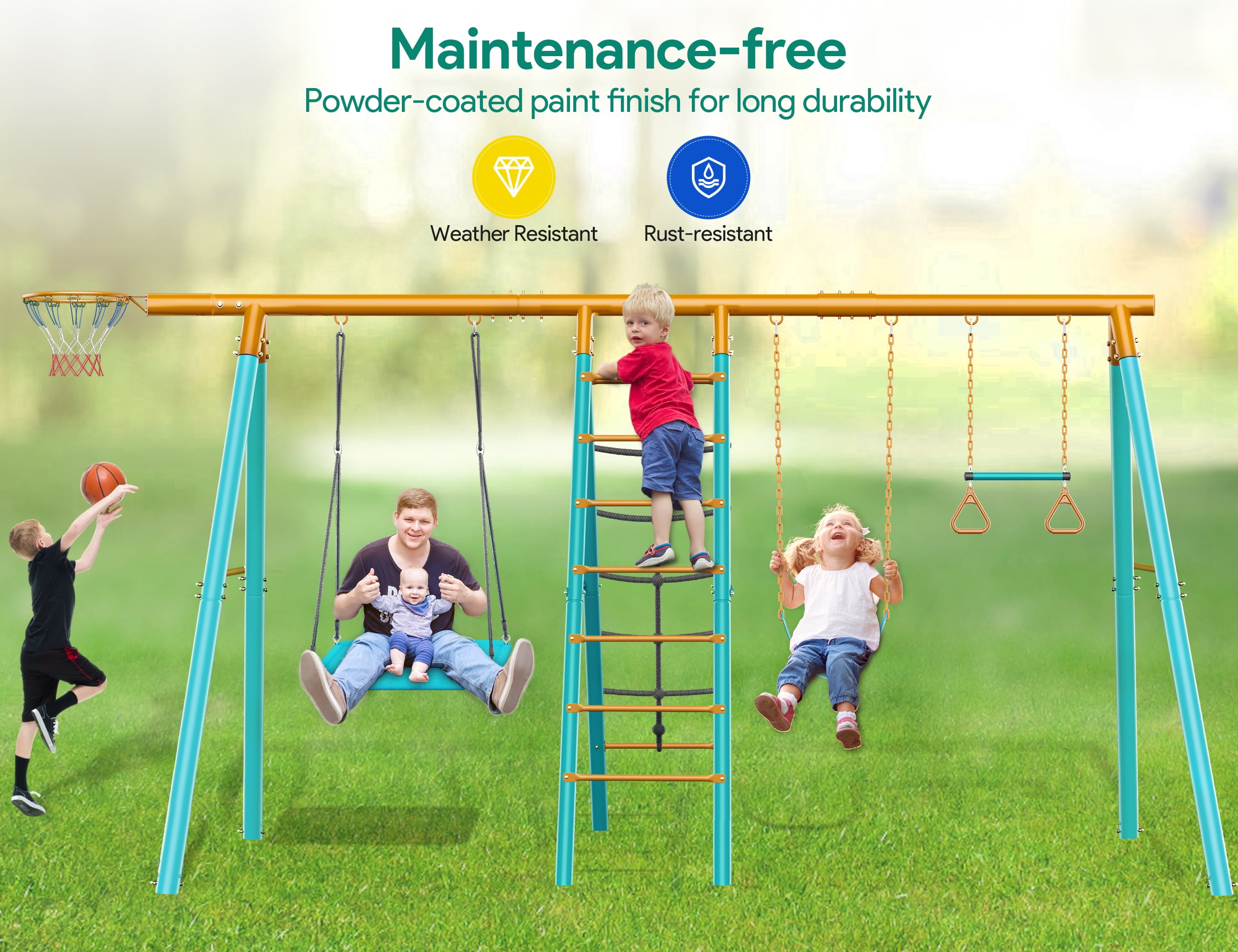 Swing Sets for Outdoor, 6 in 1 Heavy-Duty Metal Swing Sets, Kids Swing Sets for Backyard with 2 Swings,Trapeze Bar and Basketball Hoop for Aged 3-12
