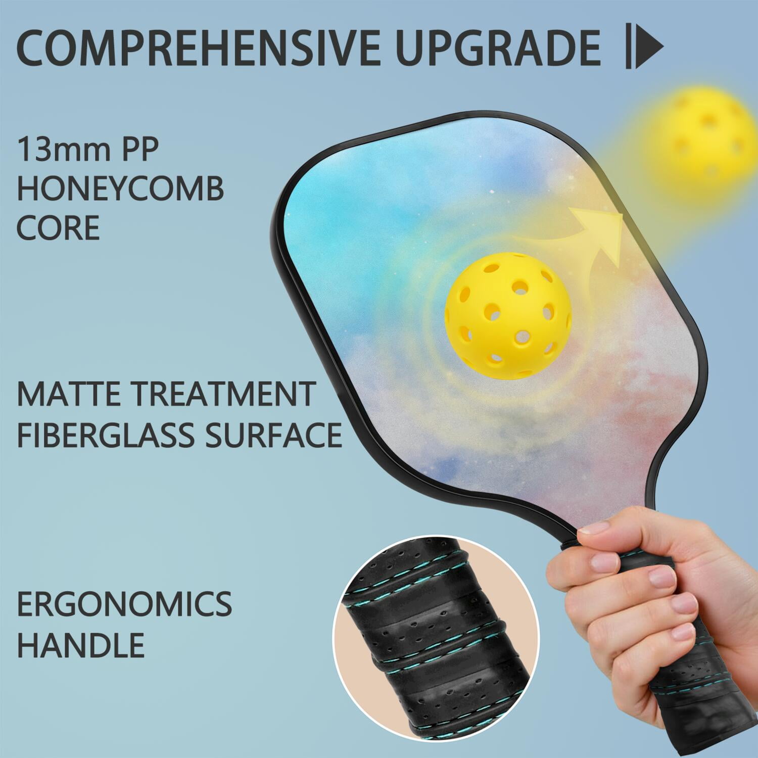 Pickleball Paddles Set Of 1, Fiberglass Surface, Dreamy Cloud Print, 1 Paddle, 2 Balls & Bag