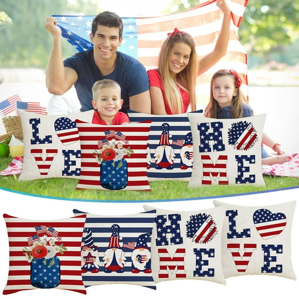 Fundas de almohada, funda de almohada, fundas de almohada decorativas, 4 piezas, funda de almohada con estampado del Día de la Independencia, funda de cojín de lino para sofá, decoración del hogar, fu