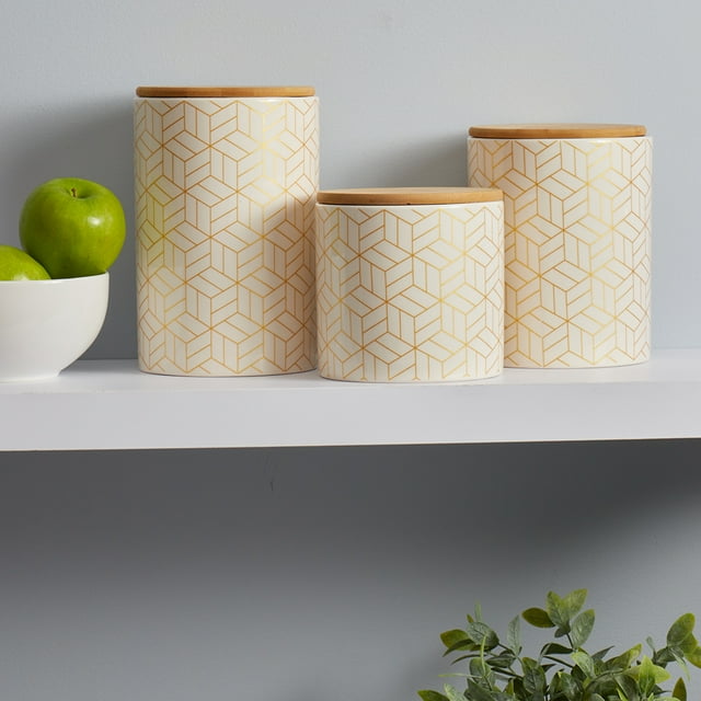 Home Basics 3 Pièces Cubix Coffret en Céramique avec Dessus en Bambou