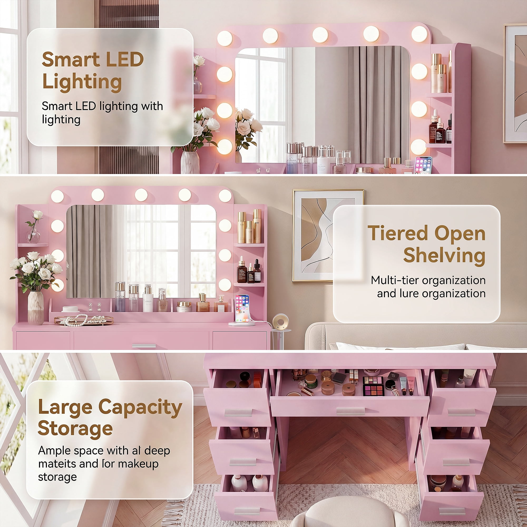 Homall Vanity Desk with Lights & Mirror, Makeup Vanity Set with Power Outlet & Storage Drawers Shelves for Bedroom, Pink