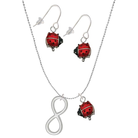 Delight Jewelry Silvertone Large Infinity Sign Red Lucky Ladybug Necklace and Dangle Earrings Set
