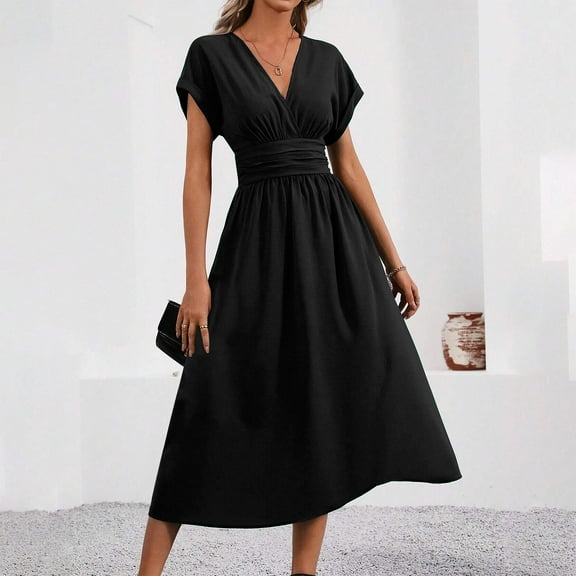 Simua Garden Party Dresses for Women Casual Solid Color V-Neck Short-sleeved Waisted Dress Fashion Women's Full-length Dresses