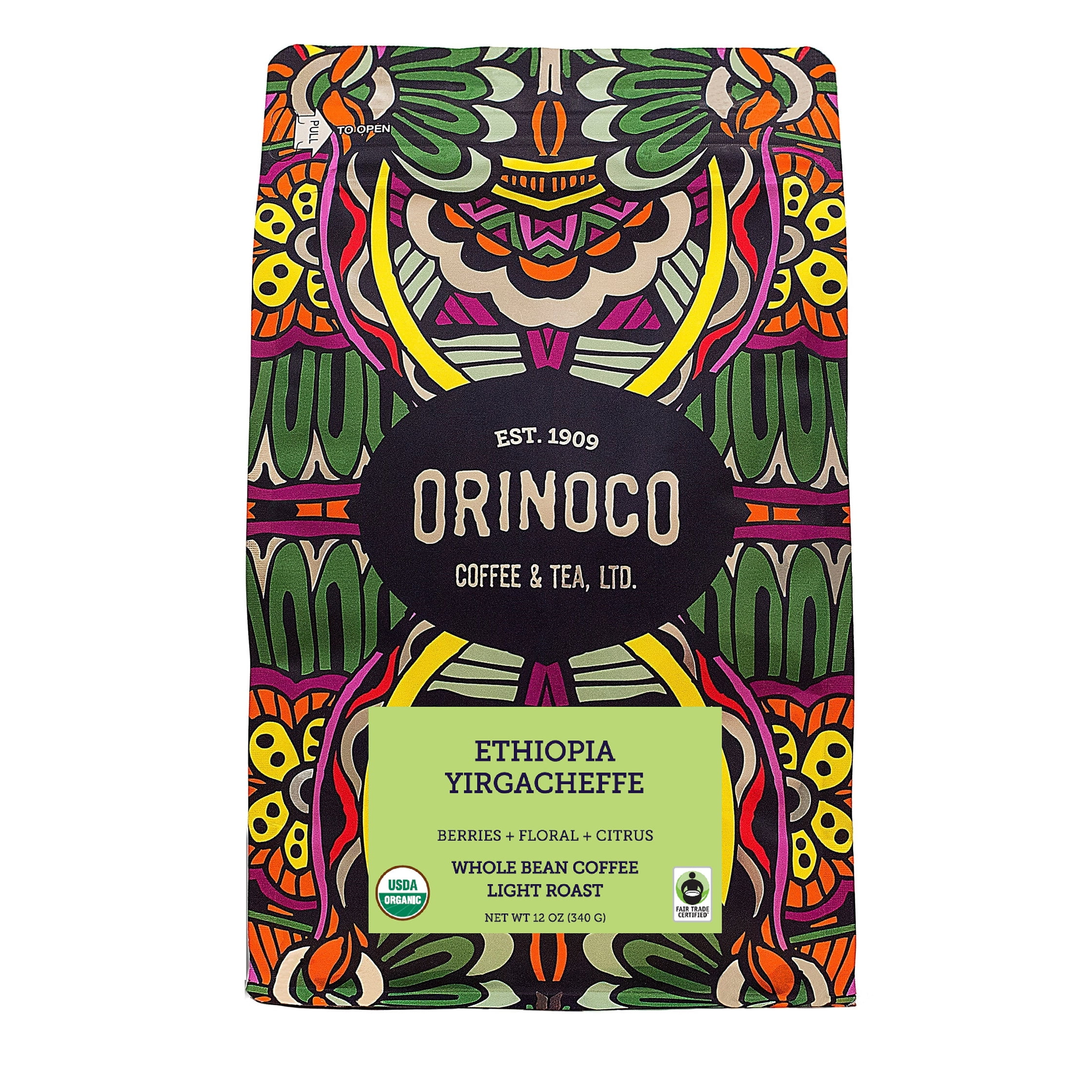 Orinoco, Ethiopia Yirgacheffe, Organic Fair Trade, Whole Bean Coffee, Light Roast 12 oz