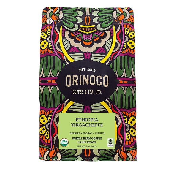 Orinoco, Ethiopia Yirgacheffe, Organic Fair Trade, Whole Bean Coffee, Light Roast 12 oz