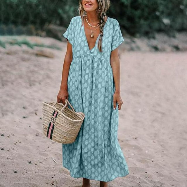 ITFABS Robes Décontractées à Manches Courtes pour Femmes, Imprimé Floral, Maxi, Amples, Robes de Plage