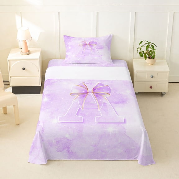 Manfei Light Purple Bow Twin Sheets,Girls Personalized Letter A Bedding,3pcs