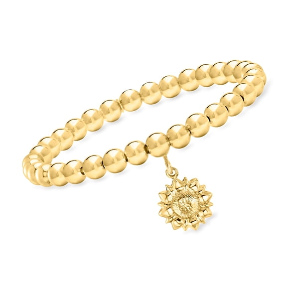 Ross-Simons Italian 6mm 18kt Gold Over Sterling Bead Stretch Bracelet With Sunflower Charm, Women's, Adult