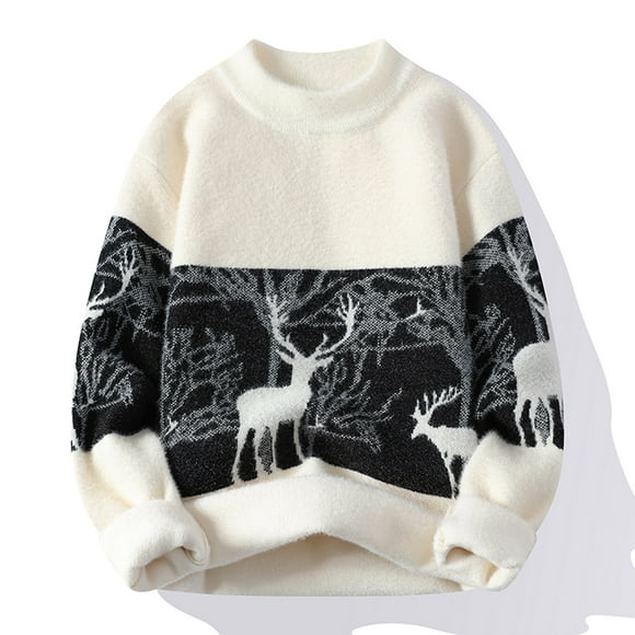 EGNMCR Mens Sweater Men's Fashion Casual Half High Neck Collar Knitwear Long Sleeve Splicing Printing Pullover Warm Tops Sweater