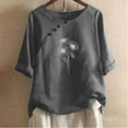 thumbnail image 5 of WREESH Womens Fashion Linen Shirts Loose Printed T-Shirt Short Sleeves Blouse Round Neck Casual Tops Gray, 5 of 5