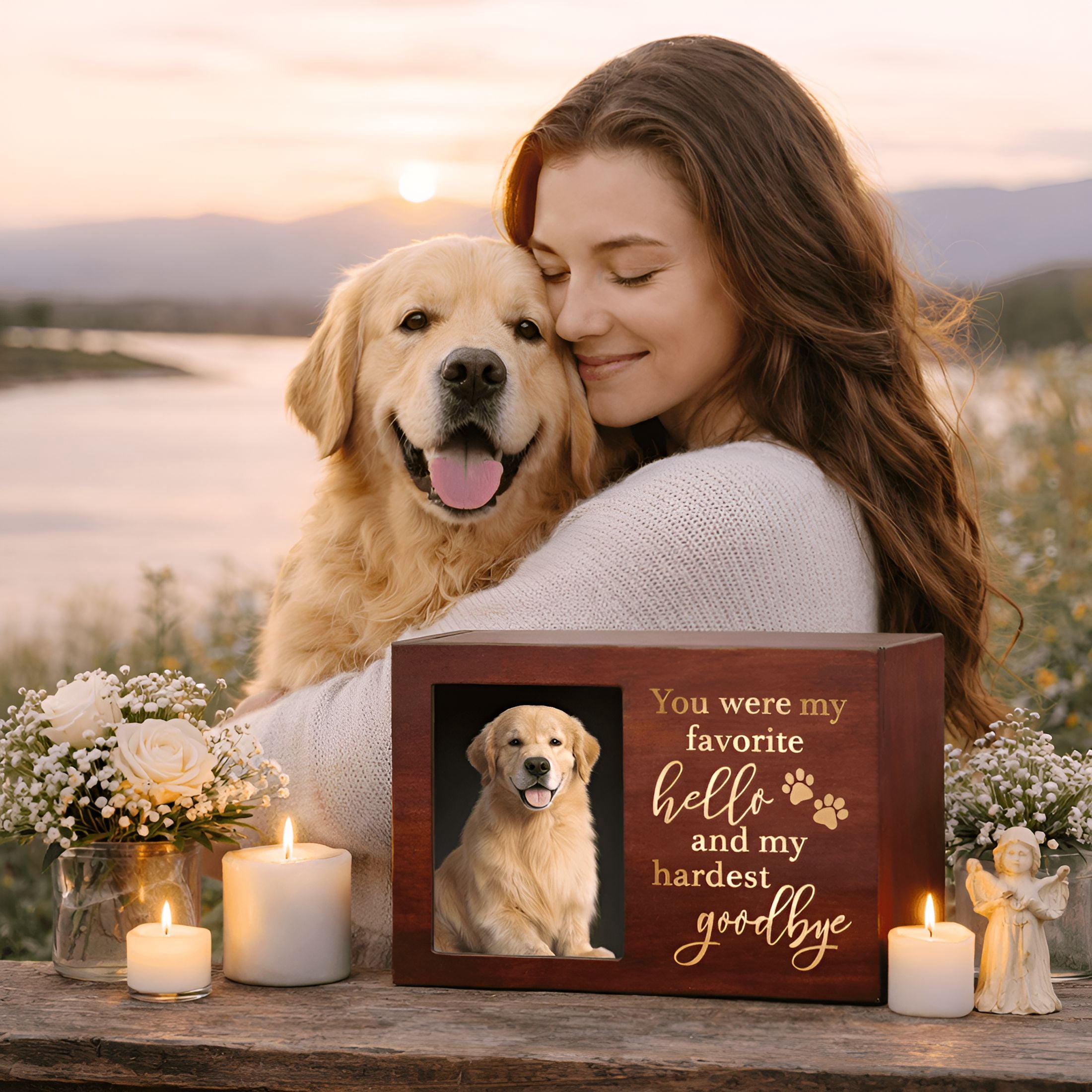XIBUFE Pet Memorial Urn,Large Wooden Cremation Urn with Photo Frame,Keepsake Memory Box for Dog and Cat Ashes,Black Flannel Lining