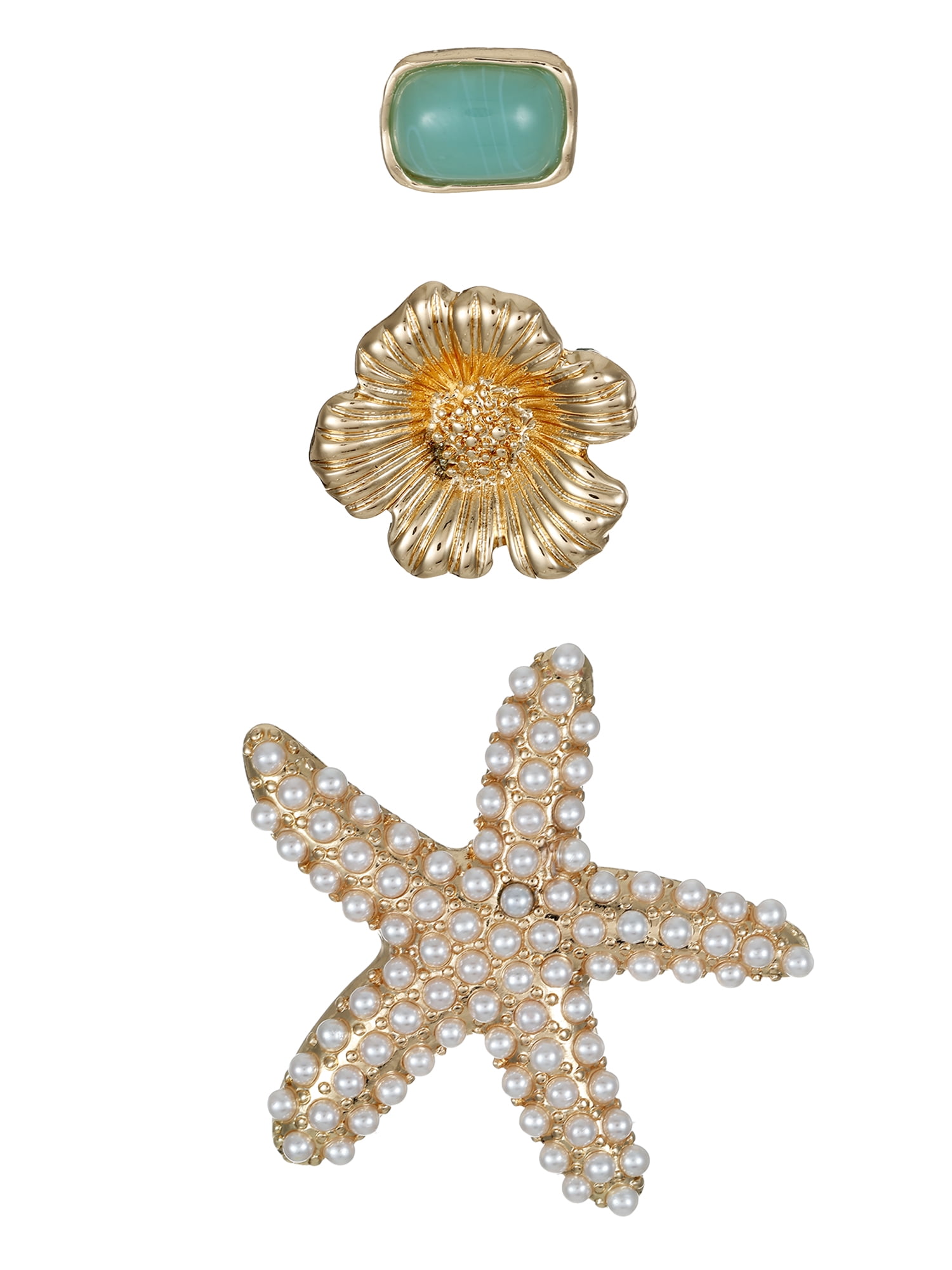 Time and Tru Starfish, Flower & Green Stone Brooch/Charm Set
