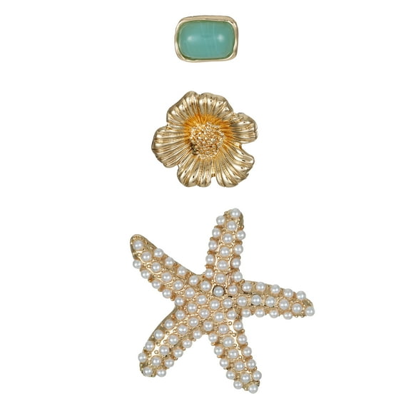 Time and Tru Starfish, Flower & Green Stone Brooch/Charm Set