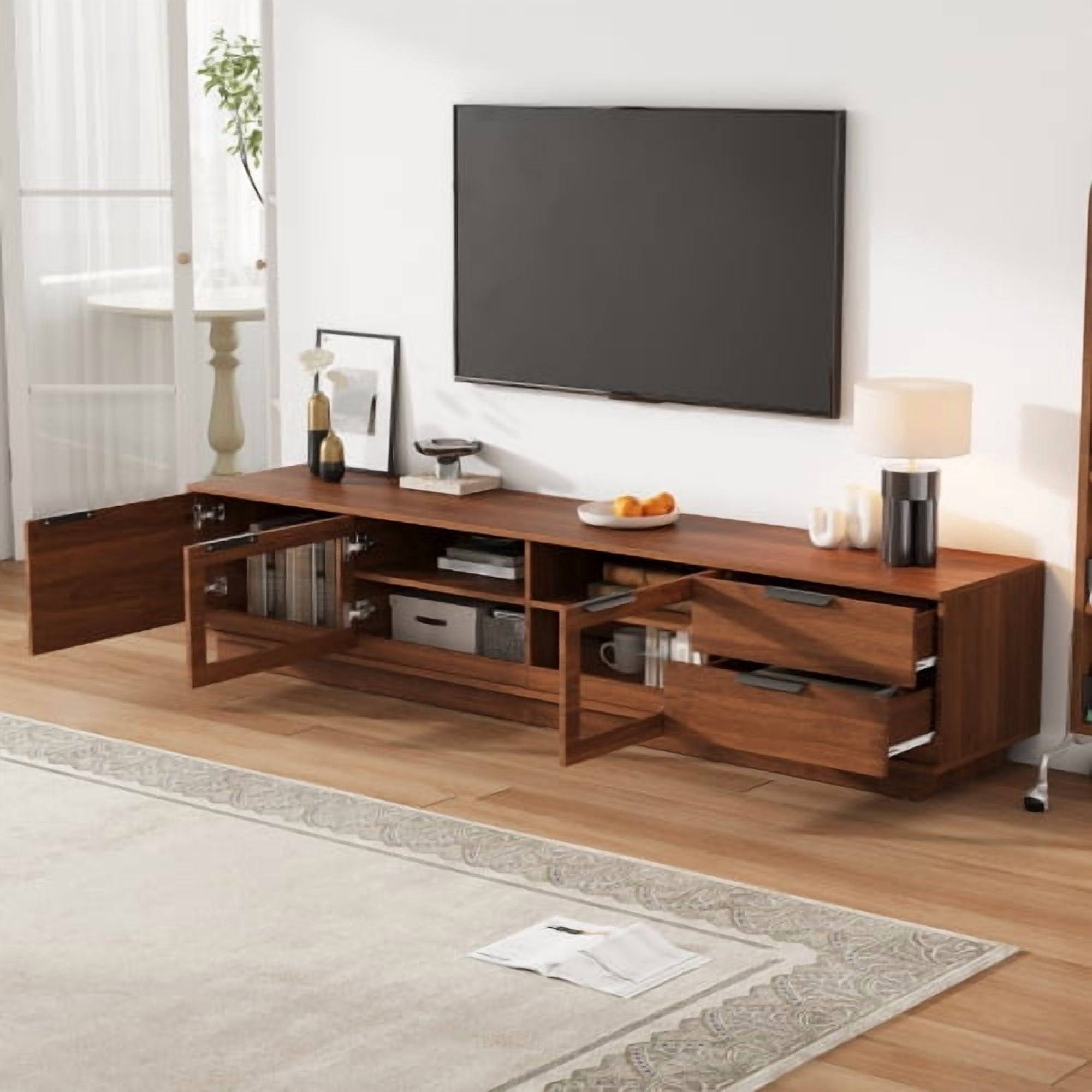 78-inch Modern TV Stand for TVs up to 85", Floor-Standing Entertainment Center with Two Drawers, Glass Doors, Soft-Closing Hinges, and Cable Management for Living Room