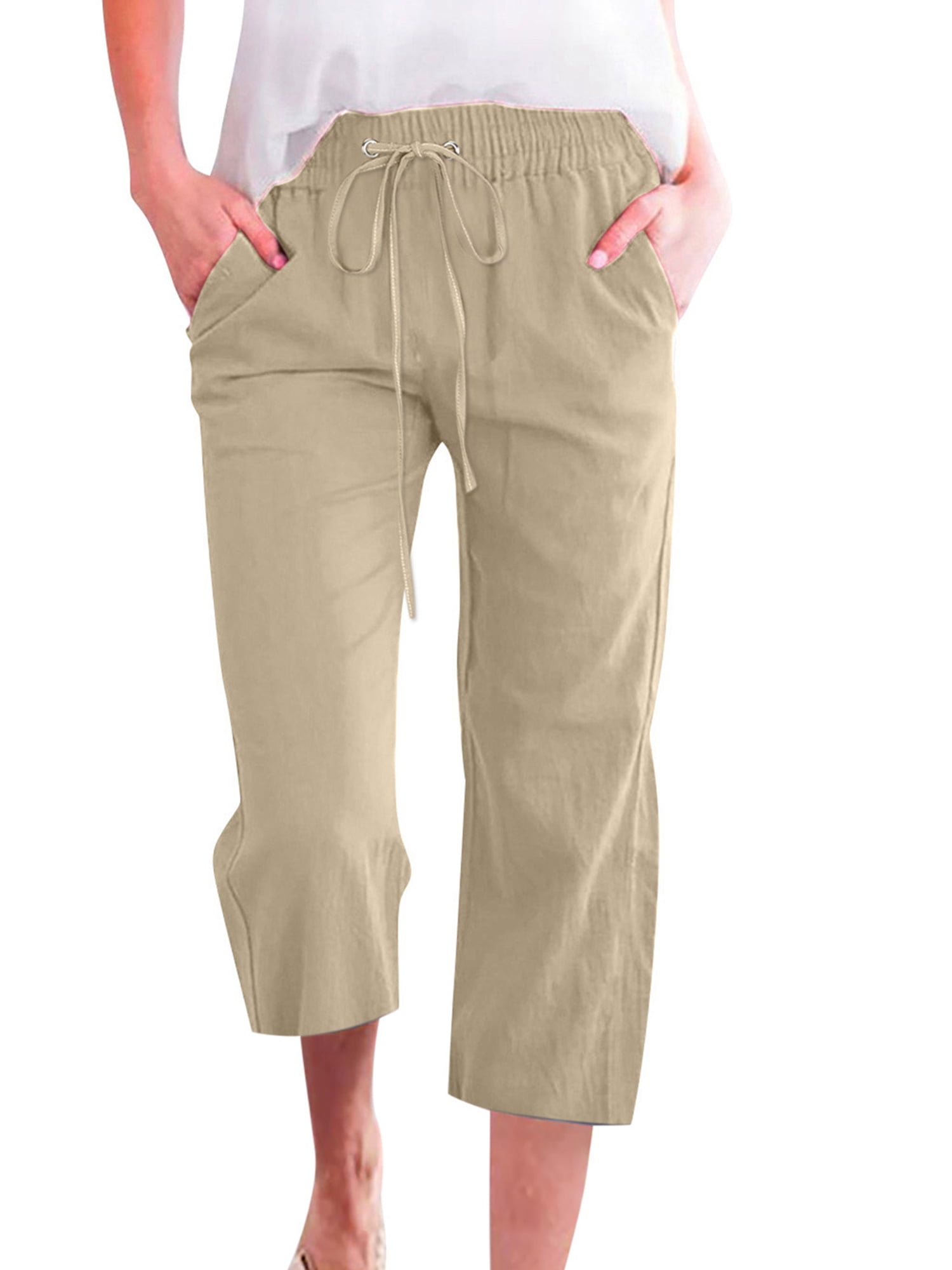 Frontwalk Women Pants Baggy Capris Cotton Linen Wide Leg Pant Solid ...