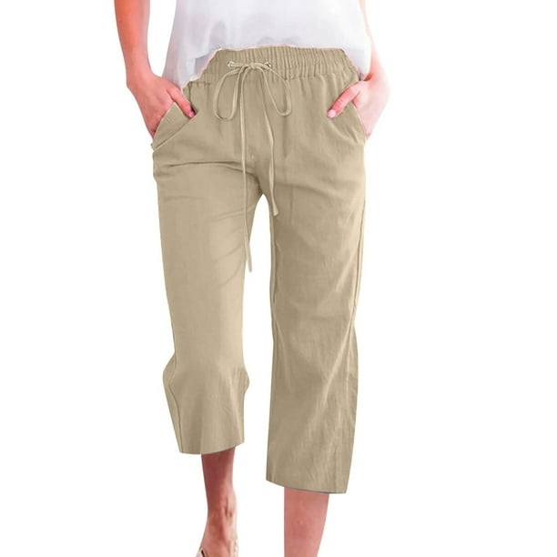 MAWCLOS Women Trousers Solid Color Bottoms Cropped High-Waist Capri Pants  Wide Leg Lounge Khaki M