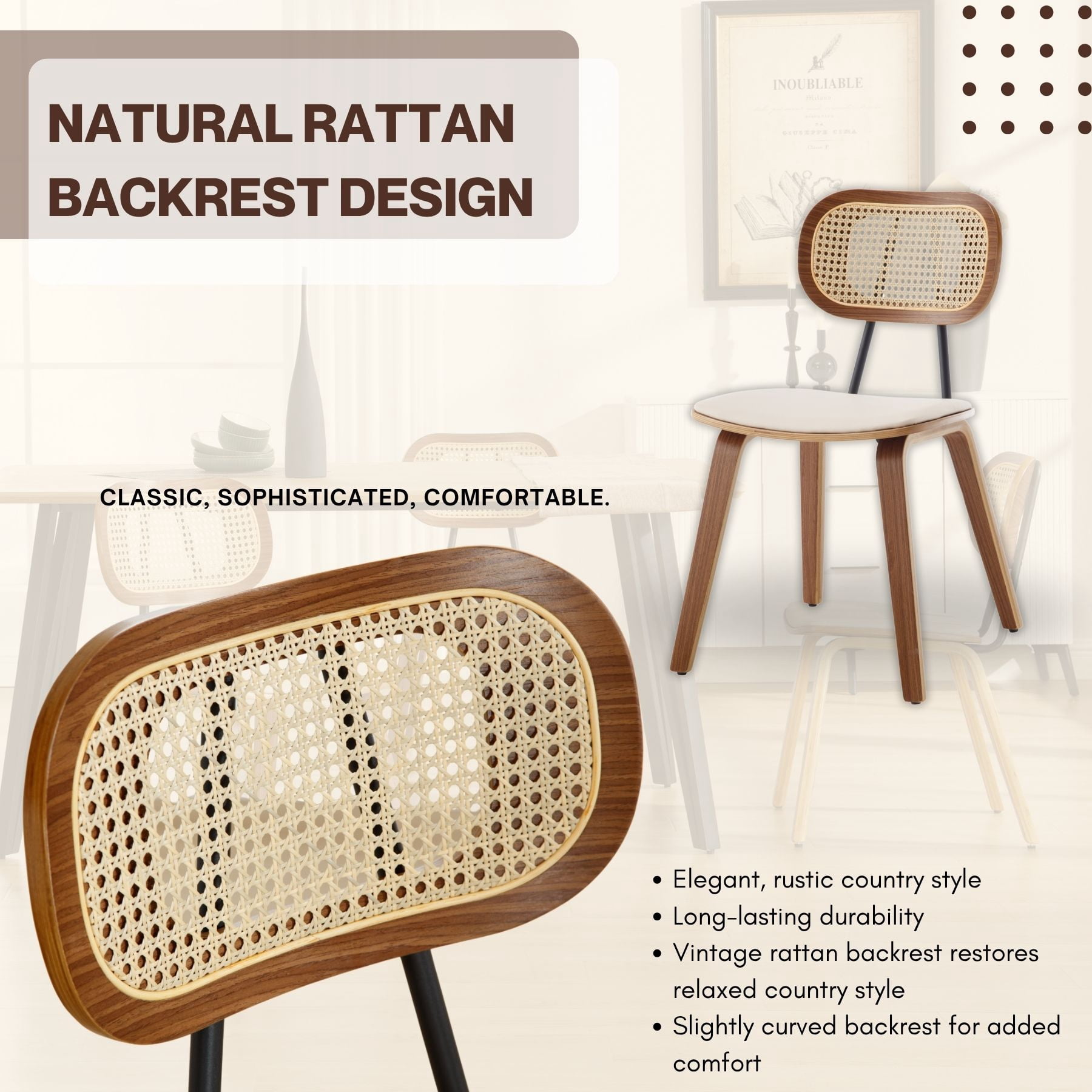Modern Mid-Century Dining Chairs Set of 4,Upholstered Faux Leather Side Chairs with Rattan Backrests and Wood Legs for Dining Room, Kitchen or Living Room, Beige