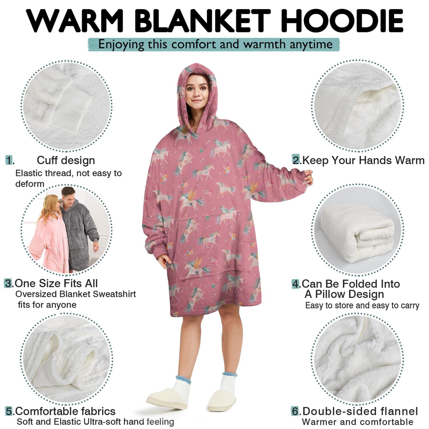 Wearable Oversized Blanket,Pink Unicorn Pattern Wearable Blanket Hoodie for Adults,Cozy Hooded Blankets with Super Pockets,Super Warm Fuzzy Pullover for Women & Men