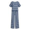 thumbnail image 7 of Women's Striped Two Piece Set, Crew Neck Top with Pocket and Drawstring Waist Wide Leg Pants, Cotton Linen Loungewear Set, Summer Casual Outfits for Women-Navy, 7 of 7