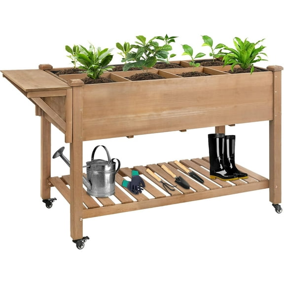 55.5x24x32in Raised Garden Bed with Wheels, Mobile Wood Elevated Planter Box with Storage Shelf, Side Table & Liner, Easy Assembly, Brown