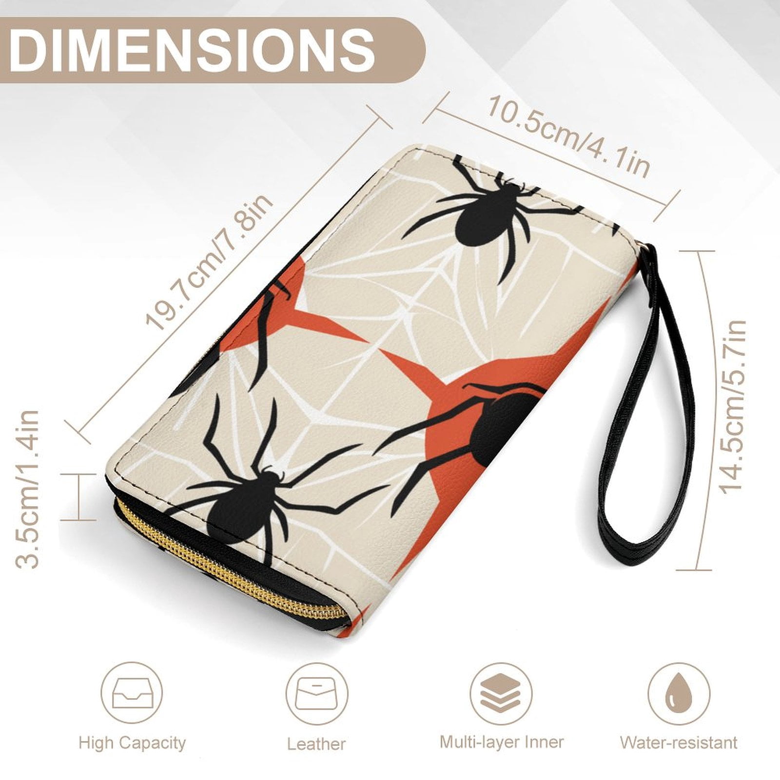 Womens Wallet Bifold Ladies Cluth Bag Wristlet Wrist Strap Long Purse Spiders Design