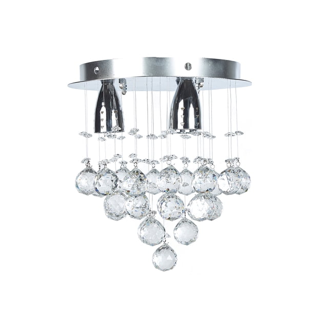 candil de cristal cortado gamalux williams krystal cereza de 3 luces, plafón plateado de 30 cm con tres focos GU10, cables transparentes y colgantes de cristal cortado en esferas en racimo; acabado cromado, no requiere ensamble. Adecuado para sala, comedor o recibidor y a menudo usado como luminaria decorativa.