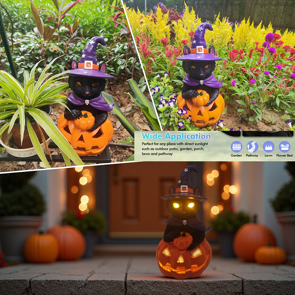 Halloween Decorations Solar Spooky Lights Outdoor Black Cat Pumpkin Figurine Light Garden Statue Decor for Outside Patio Front Porch Yard, Home Decor Gifts for Halloween