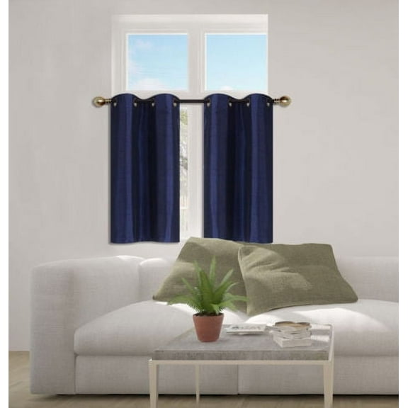 N25 Navy Blue 1-Set Solid Faux Silk Grommet Top Small Window Curtain, 2 Semi Sheer Tier Panels 30" W x 36" L (Each Tier)