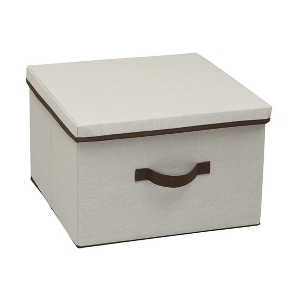 Household Essentials Square Storage Box With Lid, 15”x15”x10”, Breathable Canvas Sides With Sturdy Sides, Includes Handle for Easy Access, Natural with Brown Trim