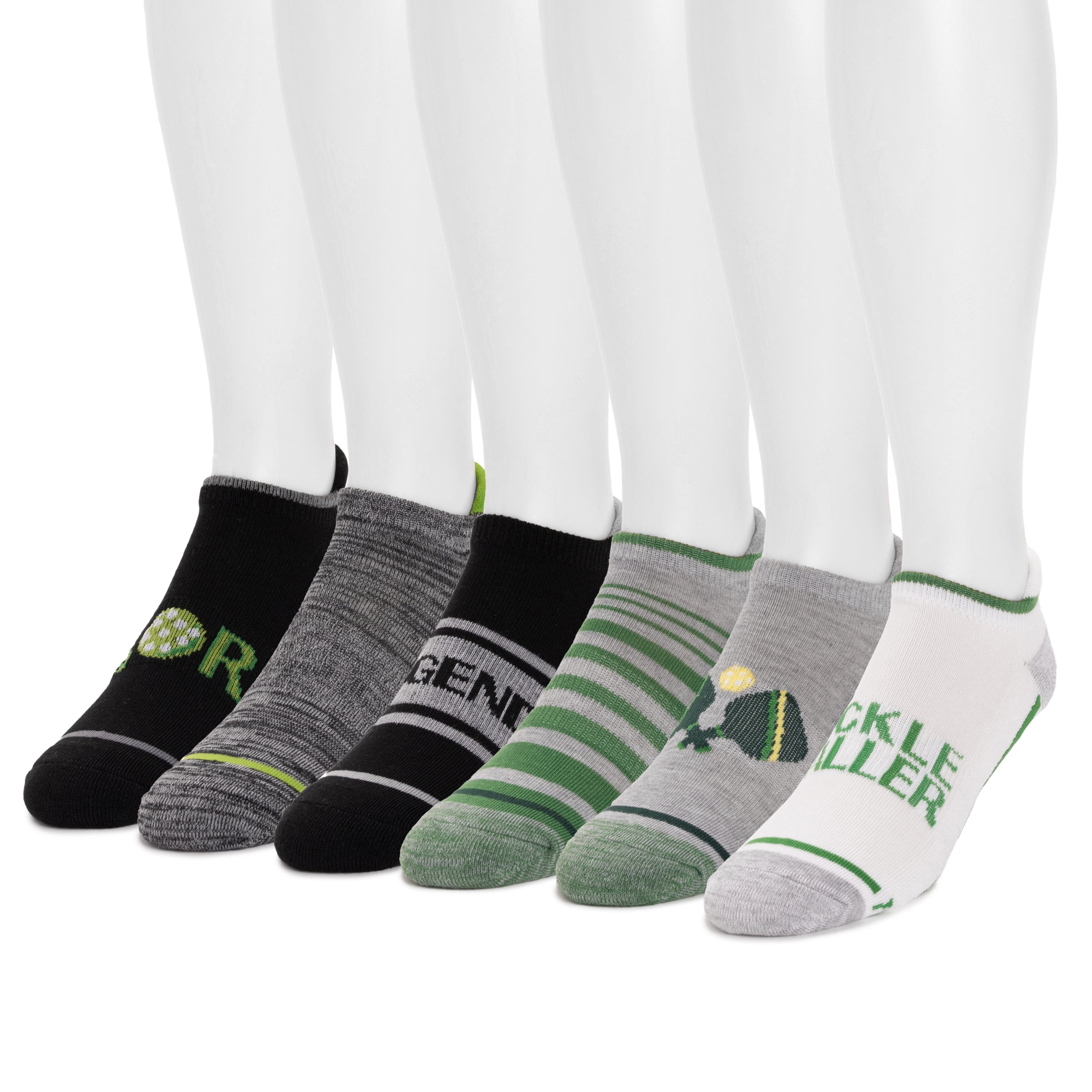 Muk Luks Men's 6 Pack Pickleball Ankle Socks, Black/Green, One Size