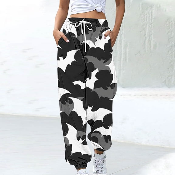 WFJCJPAF 2024 New Halloween ! Cargo Pants for Women,Women Halloween Fashion Color Blocked Printed Drawstring Pants - Black XXL