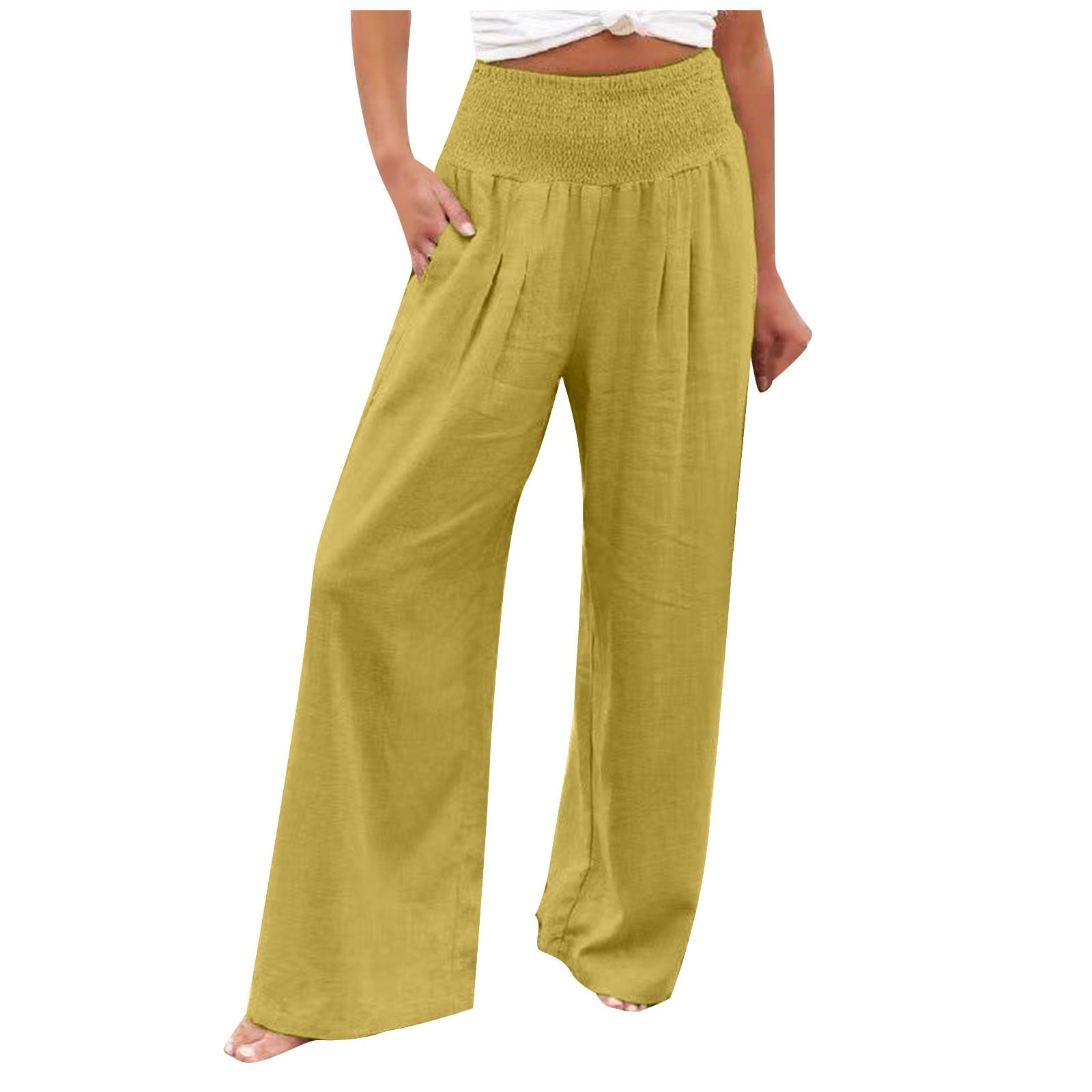 QLEICOM Women's Stretchy Wide Leg Pants Summer High Waisted Cotton Linen  Palazzo Pants Wide Leg Long Lounge Pant Trousers with Pocket Light Yellow  3XL, US Size 14 