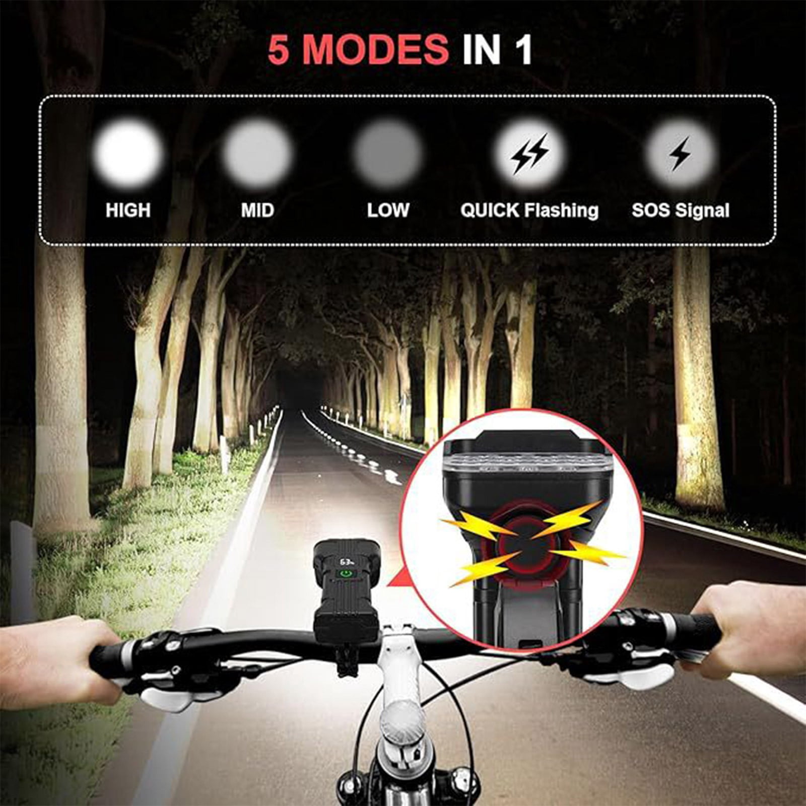 Rechargeable LED Headlamp with 5 Modes, 1200mAh Battery, Digital Display, USB-C Charging, Power Bank Function, 6 Horn Sounds, IP65 Waterproof for Outdoor Emergency Use