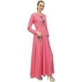 thumbnail image 3 of Bimba Women's Peach Floral Aari Work Long Maxi Casual Dress With Pockets-6, 3 of 5