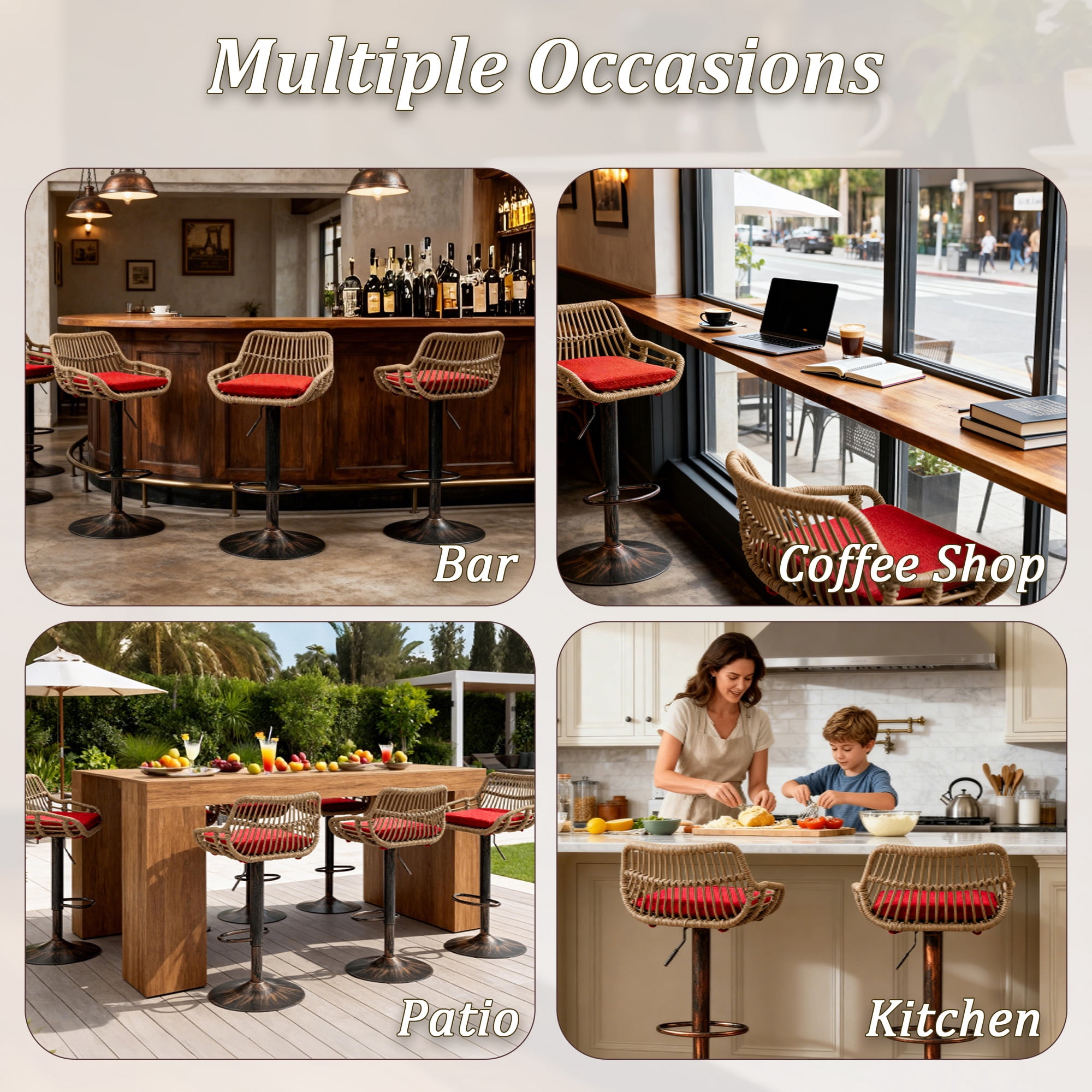 MOONMISS Swivel Bar Stools Set of 2, Modern Adjustable Counter Height Barstools with Back, Rattan Bar Chairs with Cushions & Metal Footrest, Pub Stools for Kitchen, Bar, Dining Room,Red