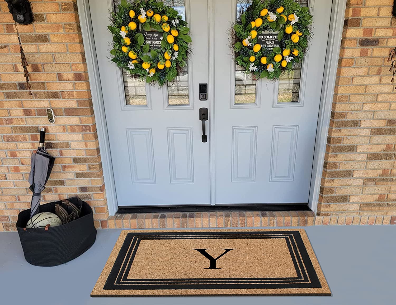 A1HC Natural Coir Monogrammed Entrance Door Mats, Durable Large Outdoor Rug, Non-Slip, Flock Doormat, Thin-Profile Heavy Duty Door Mat, Indoor Outdoor Front Door, High Traffic Areas, 24" X 39"