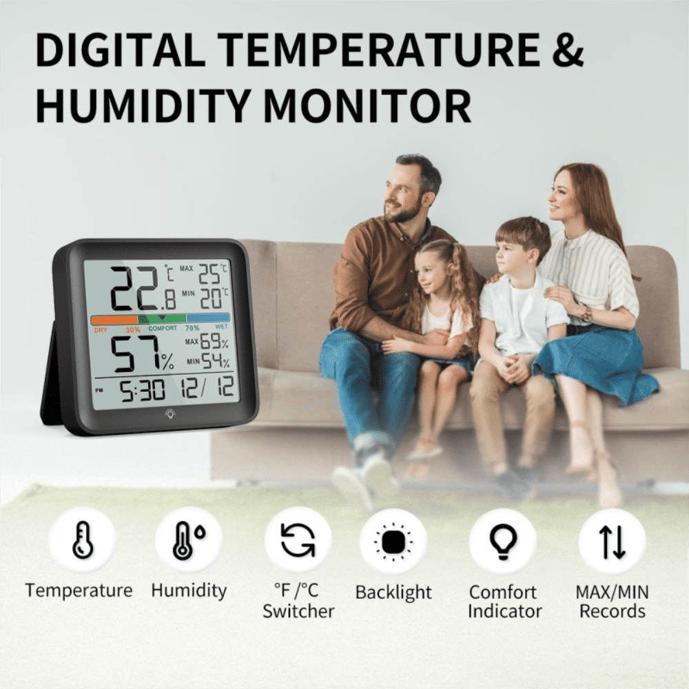 VOCOO Indoor LCD Digital Thermometer Hygrometer Temperature Humidity Meter Sensor Gauge Weather Station For Home Office Clock