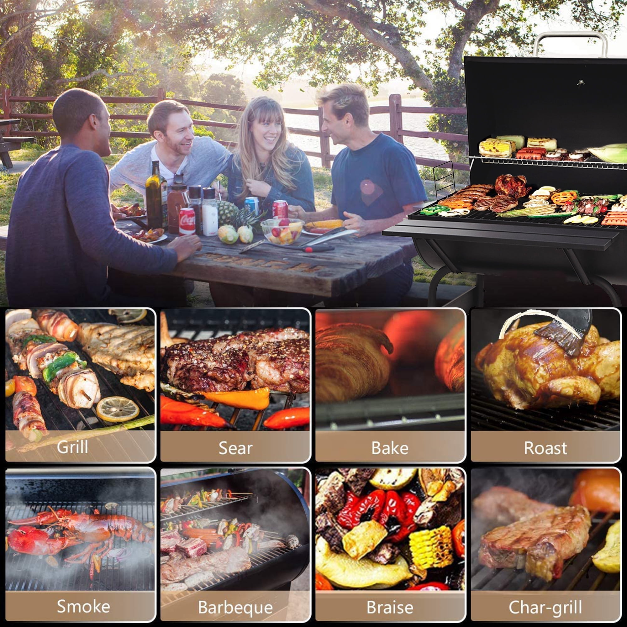 BBQ Grill Barbecue, 30'' Charcoal Grill with 2 wheels, Portable BBQ Charcoal Grill with Metal Shelf, Temperature Gauge and Metal Grate, Smokers Tool Kits for Picnic Patio Backyard Cooking, SS1063