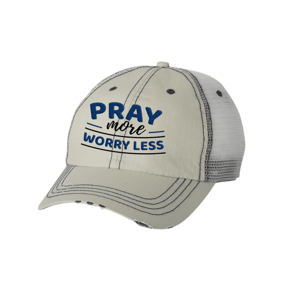 Women's Embroidered Pray More Worry Less Distressed Baseball Cap, Putty