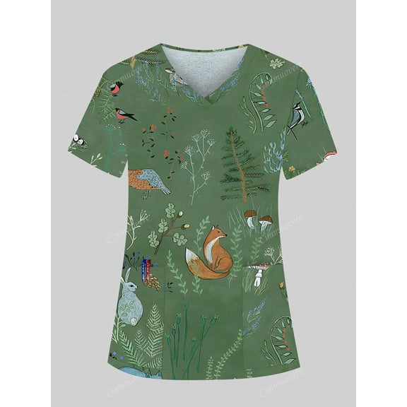 Women's Print V-Neck Multiple Pockets Scrubs Nurse Scrubs Workwear Dentist Healthcare Pet Hospital Laboratory Uniform Top