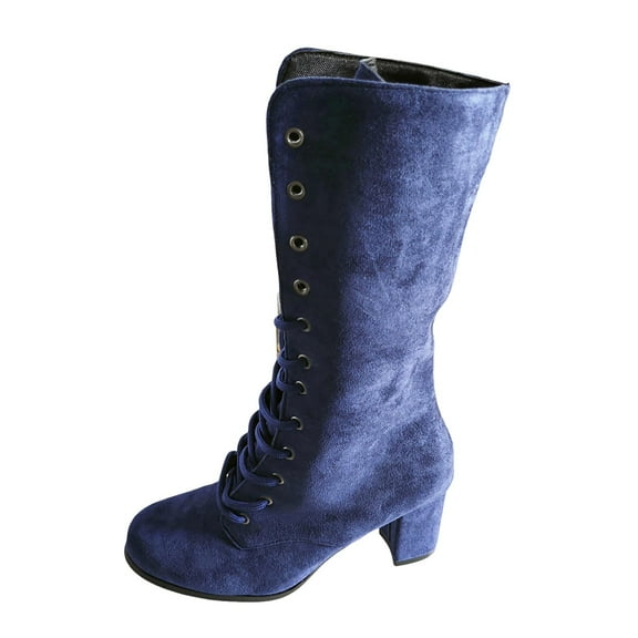 Xiaoxatg Women's Mid-Calf Boots - Stylish Lace Up Design with Pointed Toes and Heels for Fashion-Forward Individuals 9 Blue