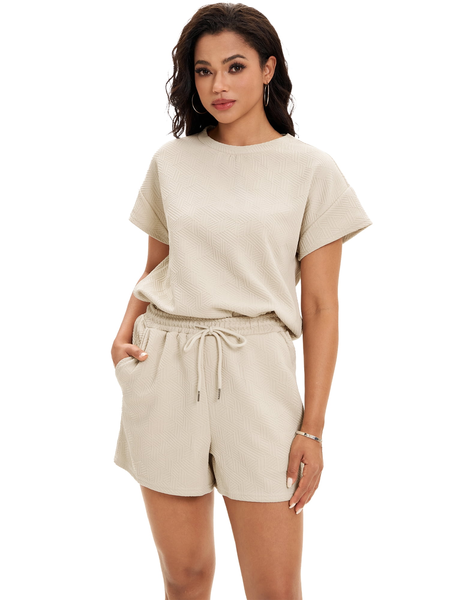 DARING DIVA Women's Summer 2 Pieces Outfits Short Sleeve Tops Shorts L Khaki