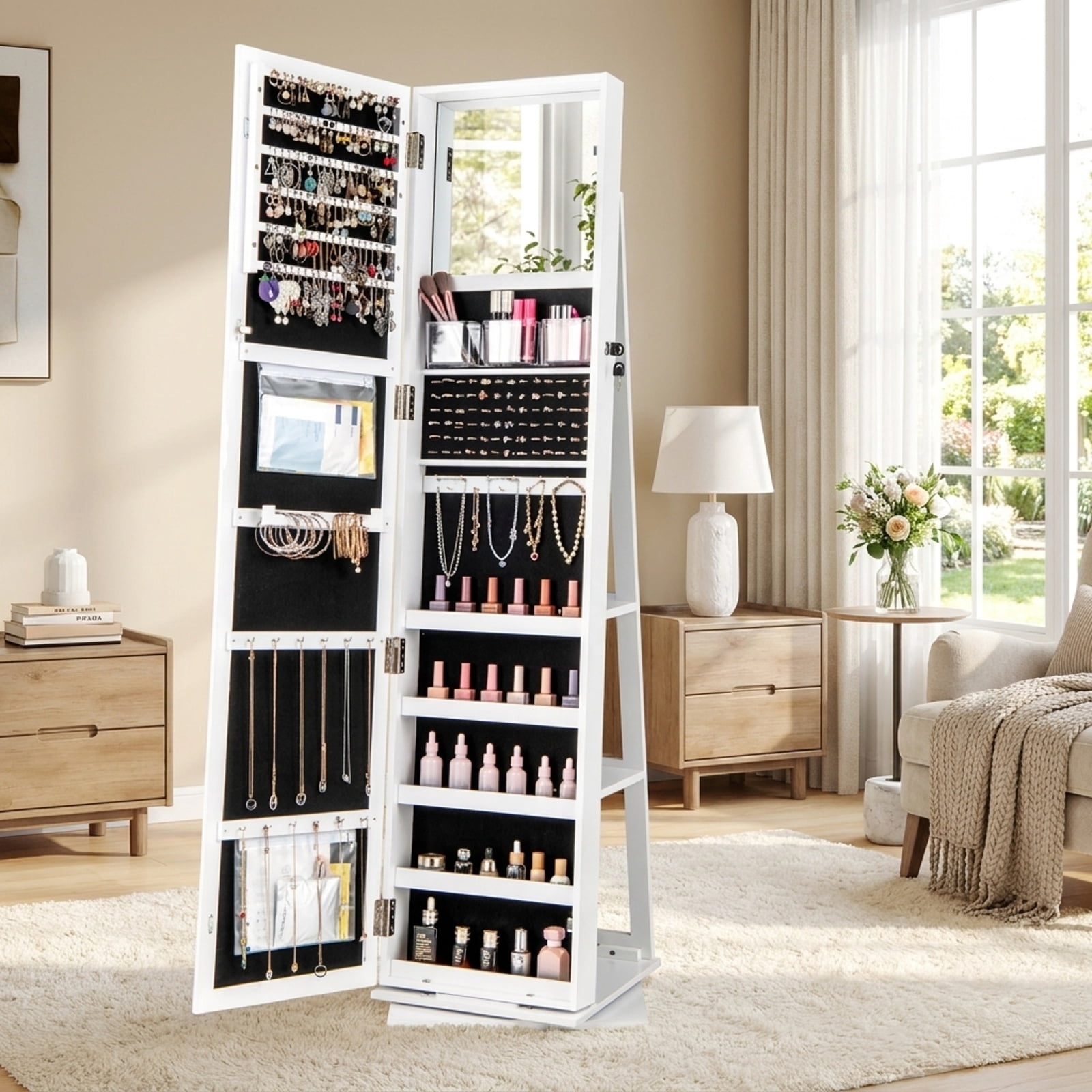 Furnibear 360° Swivel Jewelry Armoire Standing Jewelry Organizer with Full Length Mirror and Back Shelves for Bedroom Dressing Room Jewelry, White