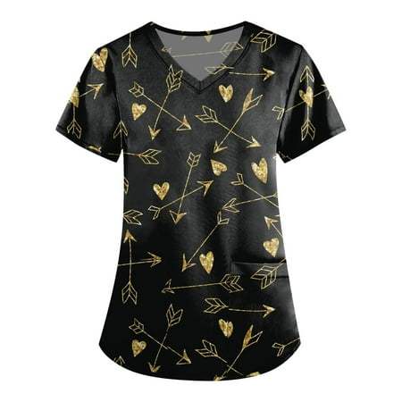 

DNDKILG Women s Professionals Holiday Uniform Casual Pockets Scrubs Top Working T Shirt Short Sleeve V Neck Nursing Scrubs Black S