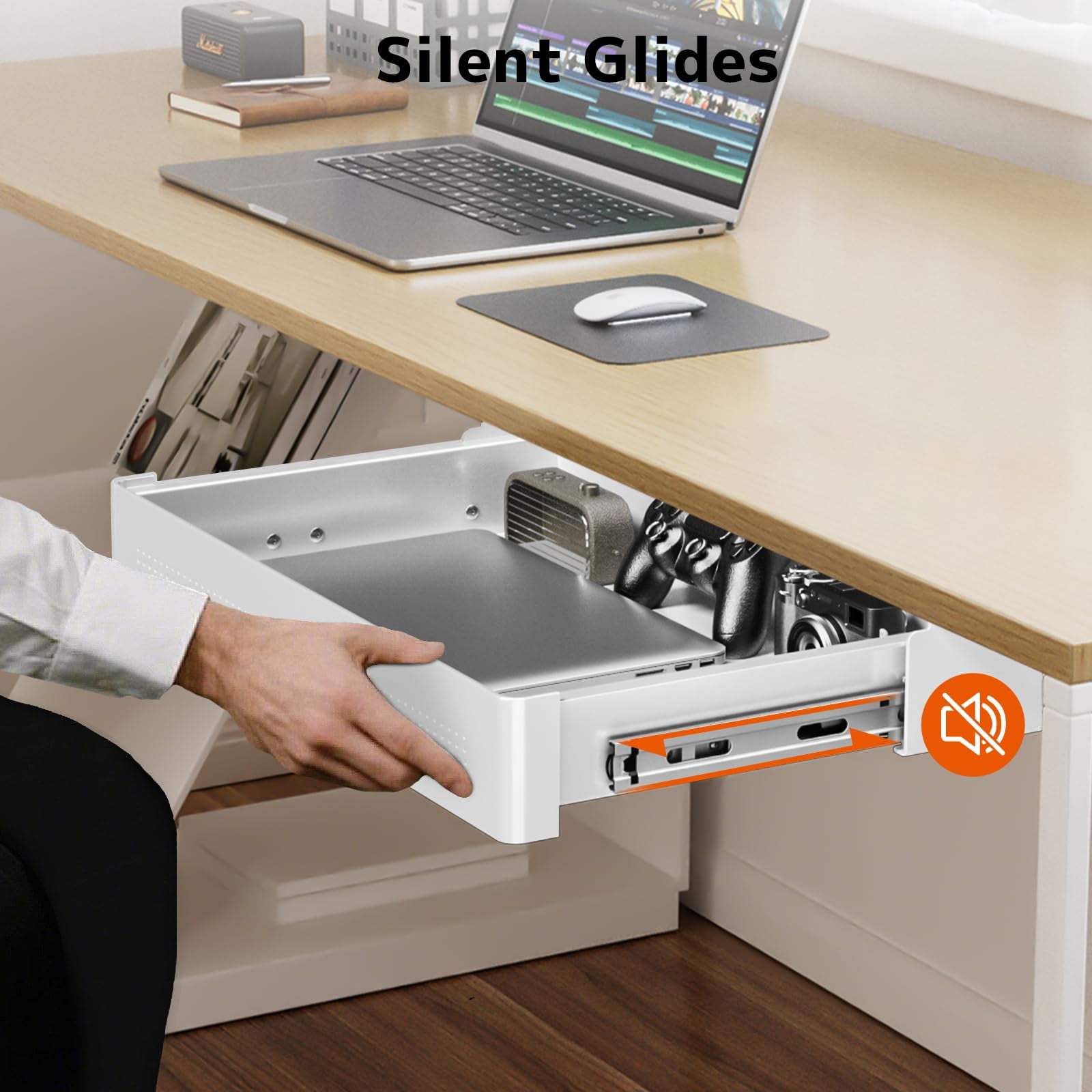 PUTORSEN Under Desk Storage Drawer 15.7" Wide - Smooth Slide Out Organizer for Standing Desk & Home Office, White
