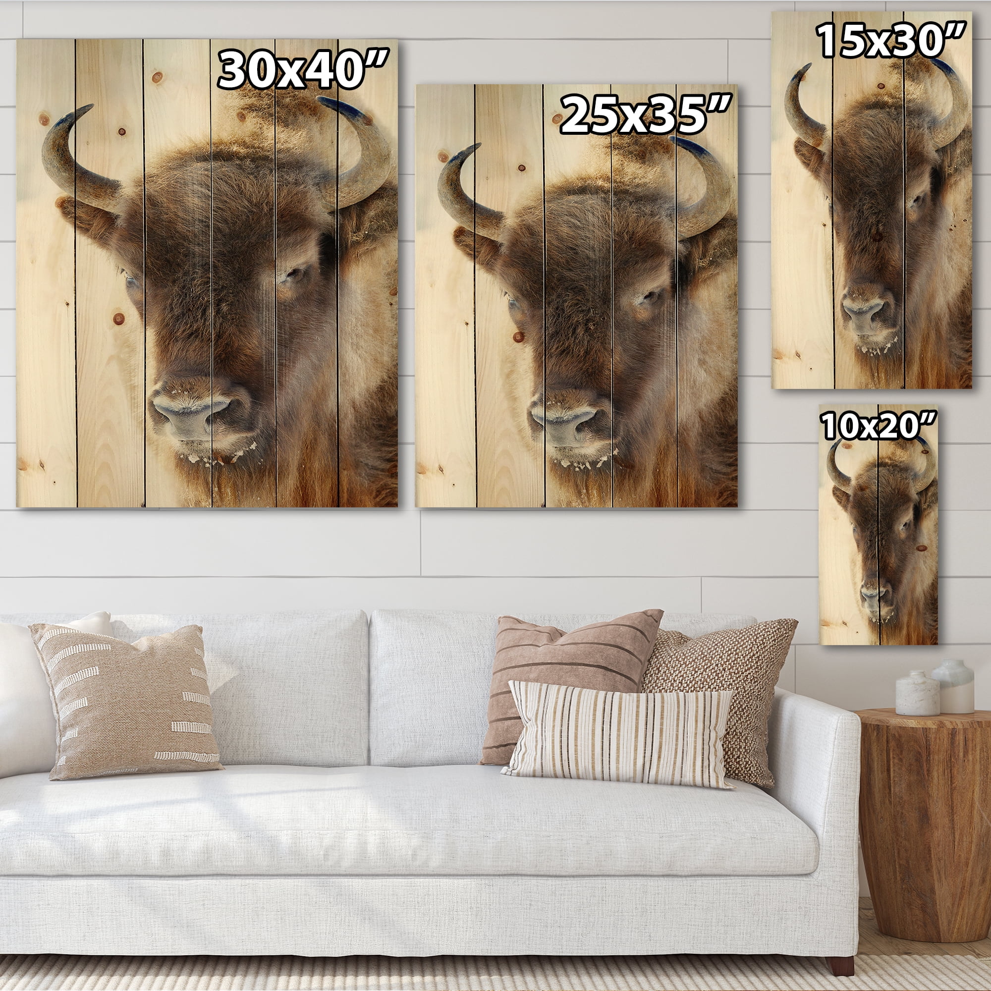 Designart 'Close UP Of Wild Bison' Farmhouse Print on Natural Pine Wood