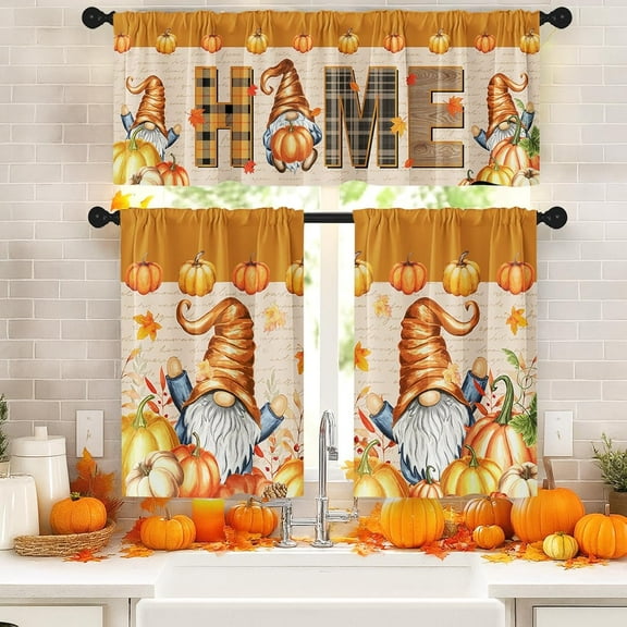 Fall Kitchen Window Curtains and Valances Set 36 Inch, Home Gnome Pumpkins Maple Leaves Orange Vintage Short Tier Curtain for Cafe Living Room Bathroom, Autumn 3 Pieces Set Kitchen Decor