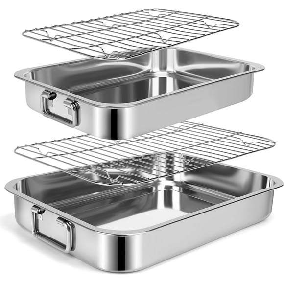 LEEYNEER 2 Pcs 13.7"15" Moules à Rôtir en Acier Inoxydable avec Poignées Poêle à Four avec 2 Pcs Grilles Plates Robuste Lavable au Lave-Vaisselle Poêle à Lasagne Rectangulaire avec Poignées pour