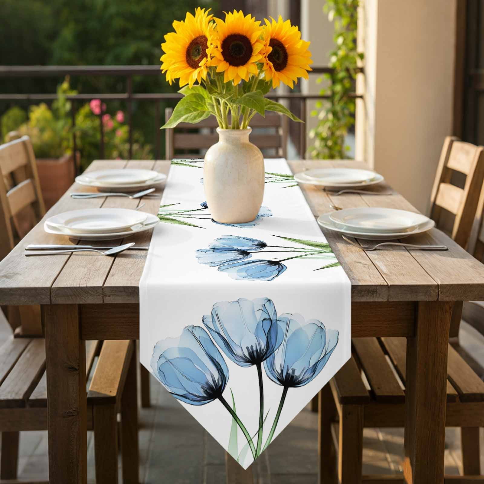 Blue Tulip Table Runner 108 Inches Long Country Flower Farmhouse Table Runners for Dining Room Tabletop Dresser Scarf Home Party Banquet Wedding Holiday Decoration