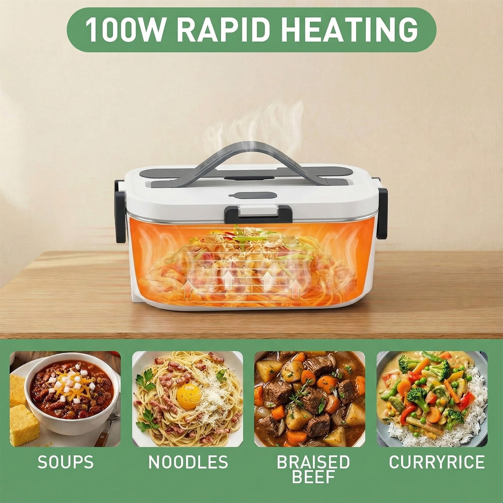Electric Lunch Box Food Heater, Upgrade 100W High Power Portable Food Warmer, Heated Lunch Box for Adults Car/Home with 2L Removable Stainless Steel Container, 12V/24V/110V/220V,White